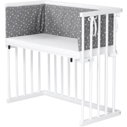 Dreamgood Cuna Colecho Haya Lacado Blanco | Colchón Prime | Nido, Gris Diamante Moteado Estrellas Blanco